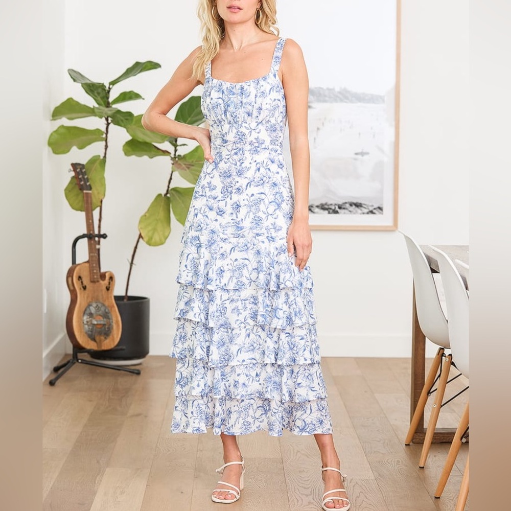 Lulus For The Frill Of It Maxi Dress Women’s L White Floral Ruffled Sleeveless